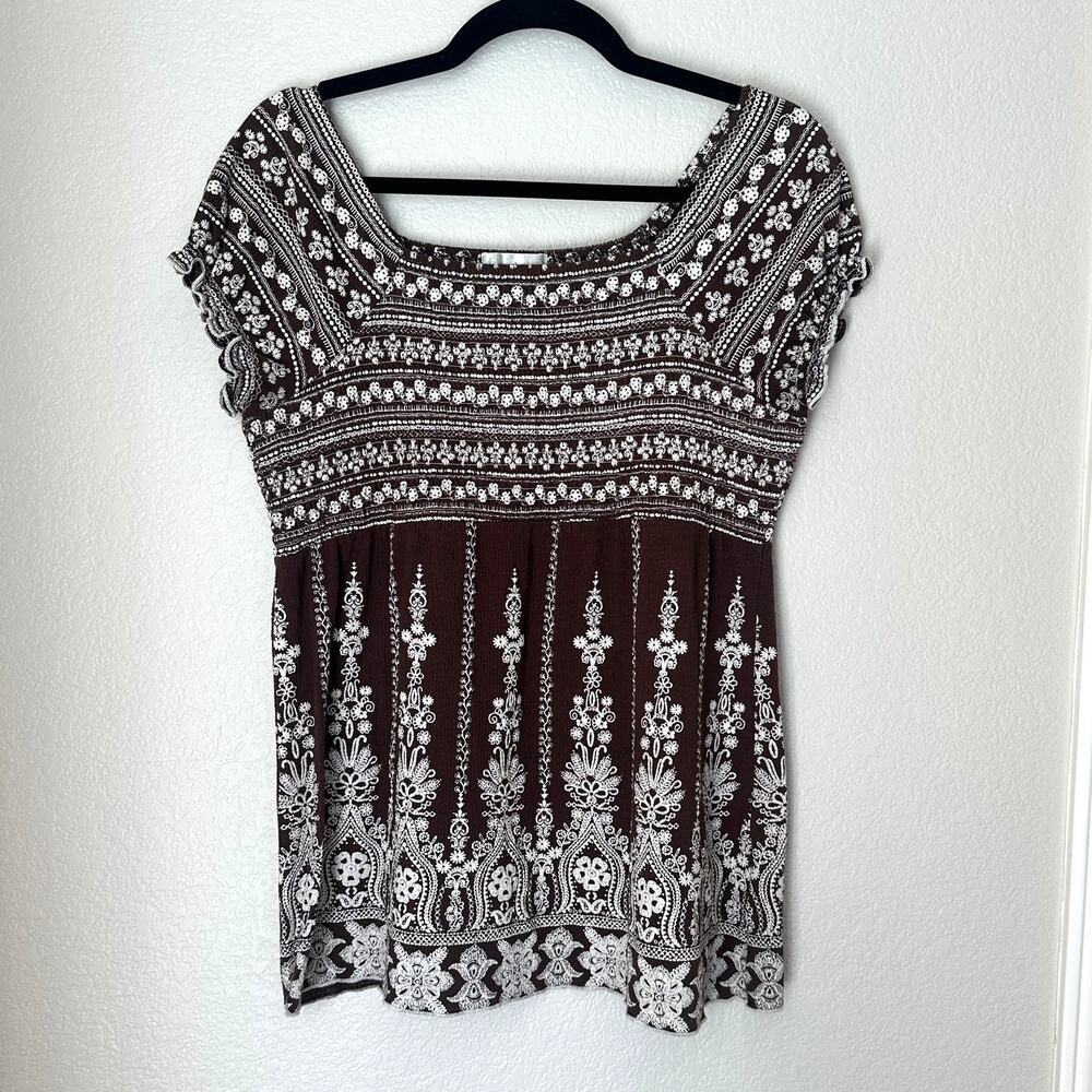 Y2K babydoll brown/cream‎ whimsigoth smocked top, cottagecore size Large